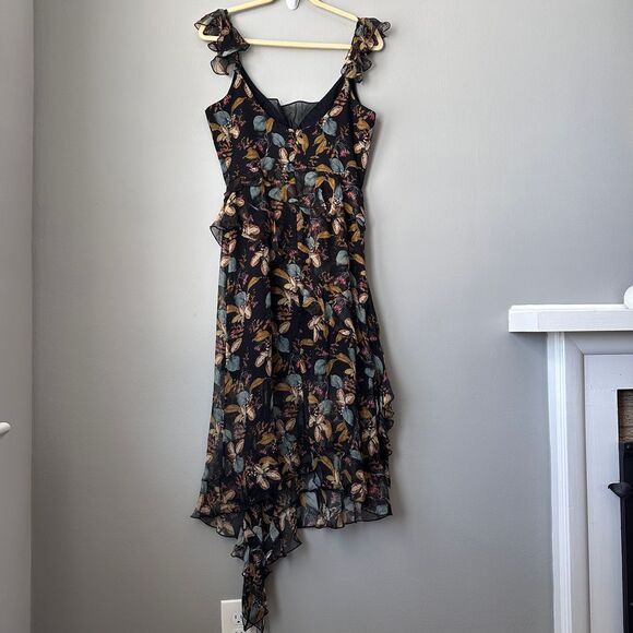 Nicholas Midi Dress US 6 Black Silk Romantic Asymmetric Floral Fairy Whimsygoth - Picture 8 of 10